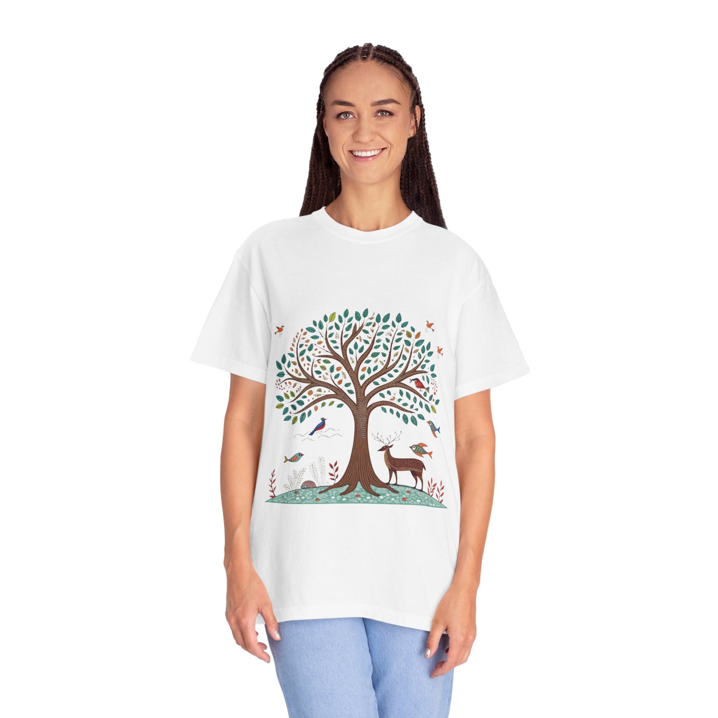 Indian Madhubani - Nature-Inspired Tree and Deer T-Shirt | Eco-Friendly Unisex Tee for Outdoor Lovers