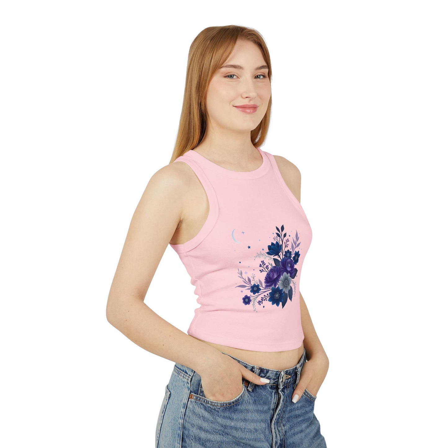 Floral Tank Top – Women’s Micro Ribbed Racer Crop Top with High Neck