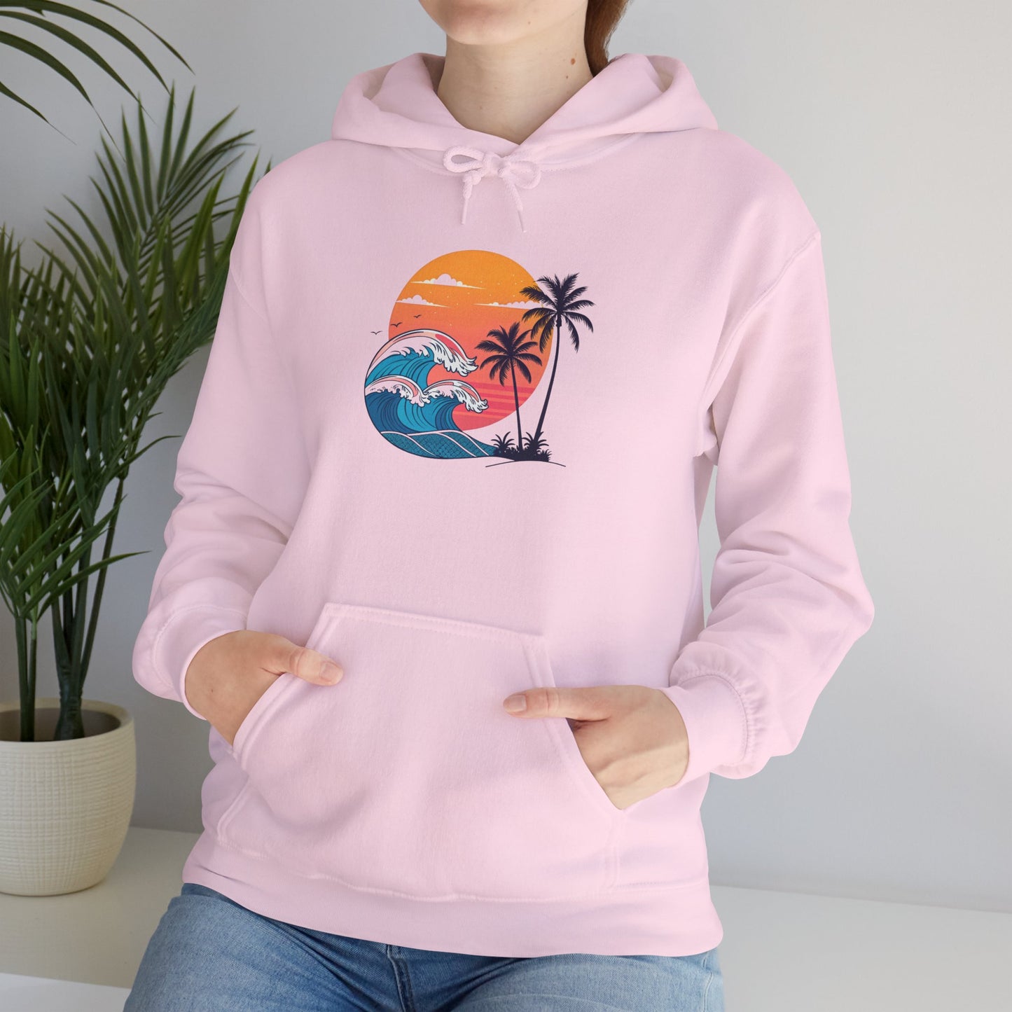 Beach Dream Hoodie – Tropical Vibes Unisex Heavy Blend™ Sweatshirt with Palm Tree & Waves Design