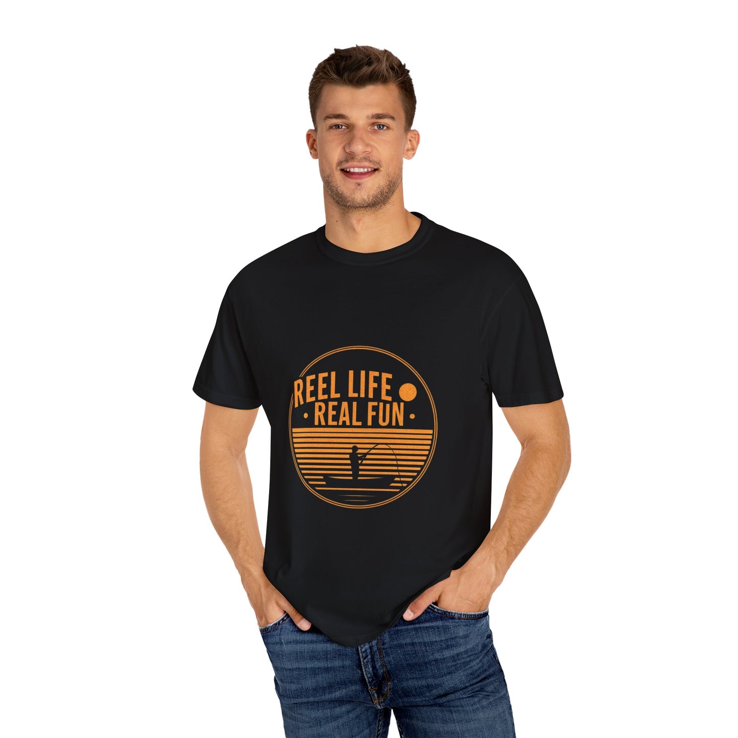 Fishing T Shirts - Reel Life Real Fun Unisex Garment-Dyed T-Shirt - Perfect for Fishing Enthusiasts