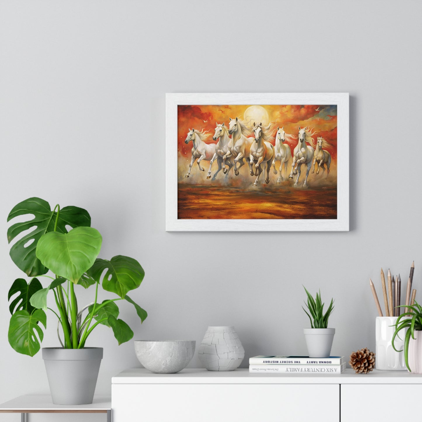 7 Running Horses Painting Vastu – Majestic Horses Horizontal Framed Poster for Prosperity & Success