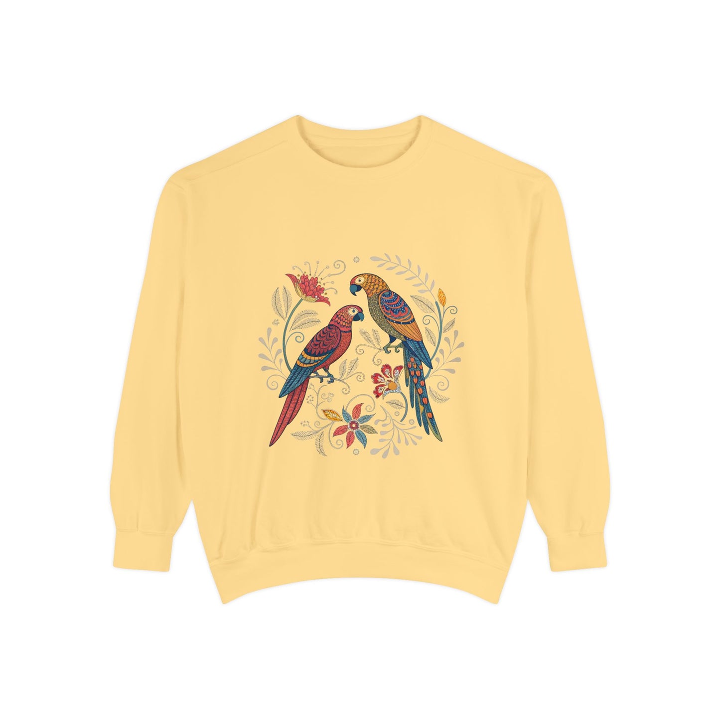 Indian Madhubani - Vibrant Parrot Sweatshirt - Colorful Unisex Garment-Dyed Pullover