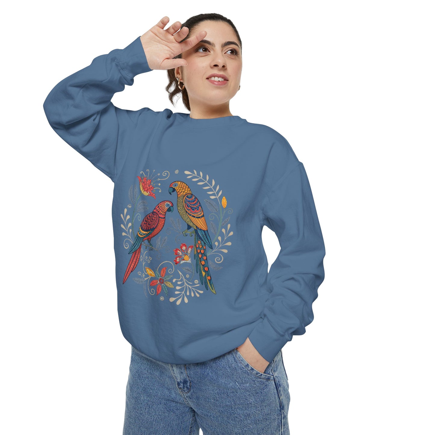 Indian Madhubani - Vibrant Parrot Sweatshirt - Colorful Unisex Garment-Dyed Pullover