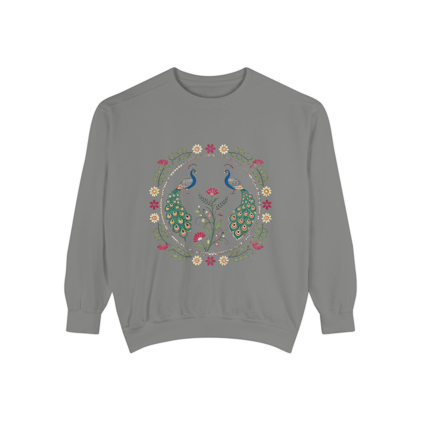 Indian Madhubani & Indian Peacock - Bohemian Peacock Sweatshirt - Unisex Garment-Dyed Design