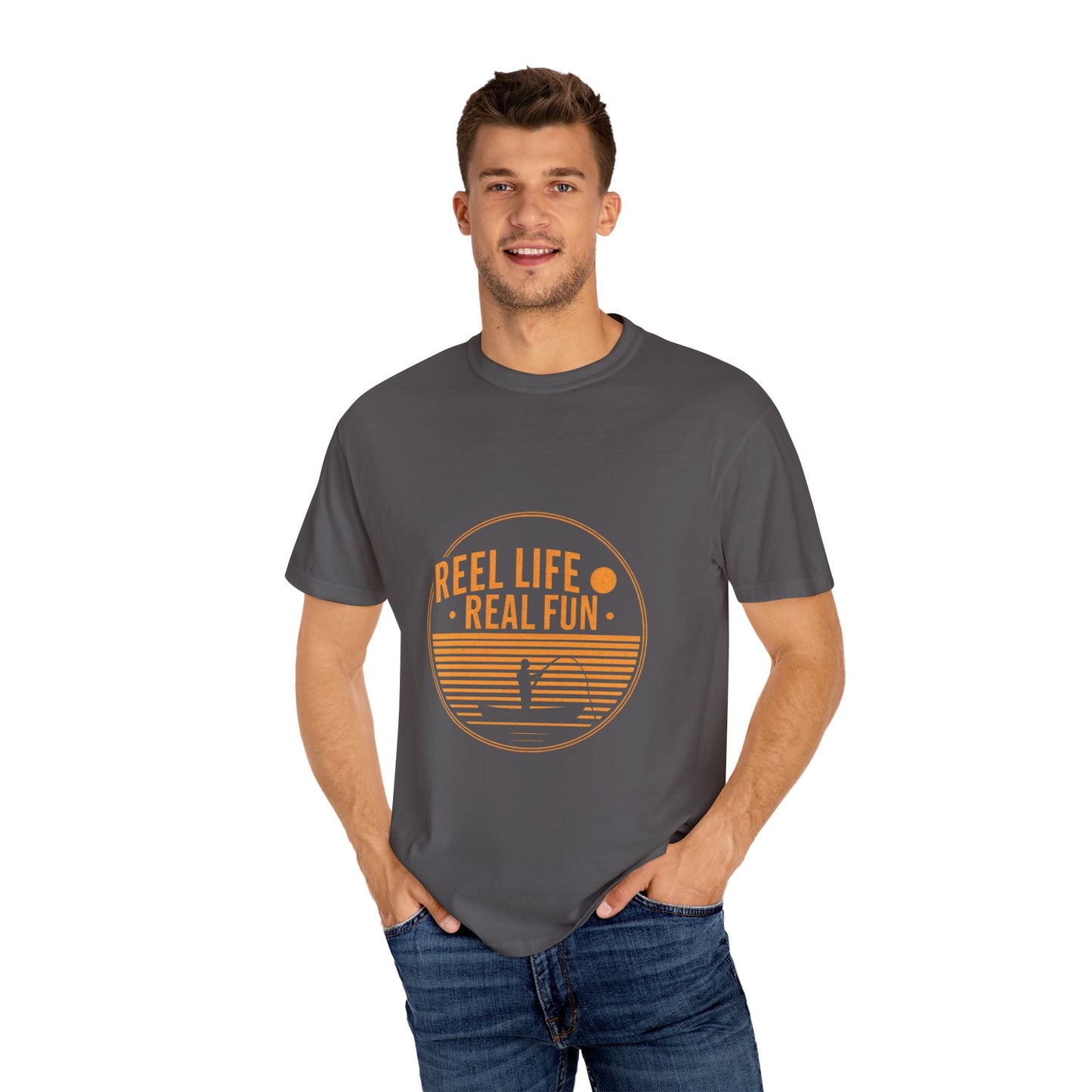 Fishing T Shirts - Reel Life Real Fun Unisex Garment-Dyed T-Shirt - Perfect for Fishing Enthusiasts