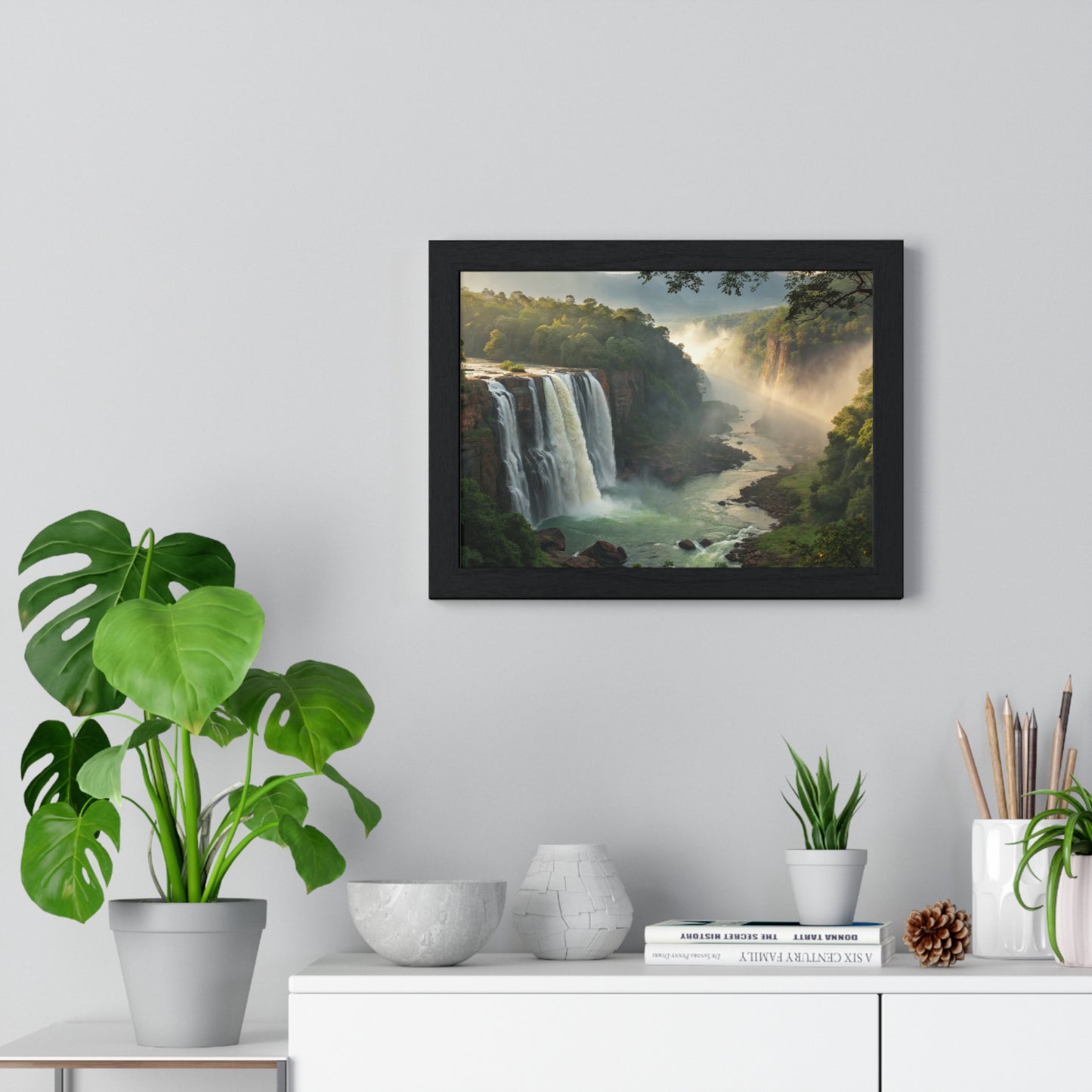 Waterfall Painting Vastu Shastra – Serene Landscape Framed Poster for Positive Energy & Prosperity