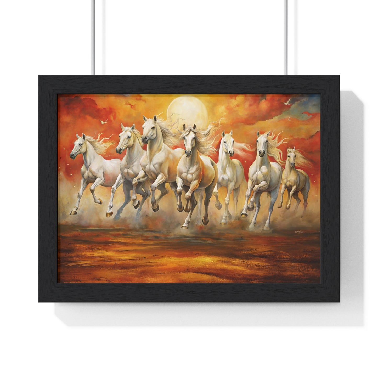 7 Running Horses Painting Vastu – Majestic Horses Horizontal Framed Poster for Prosperity & Success