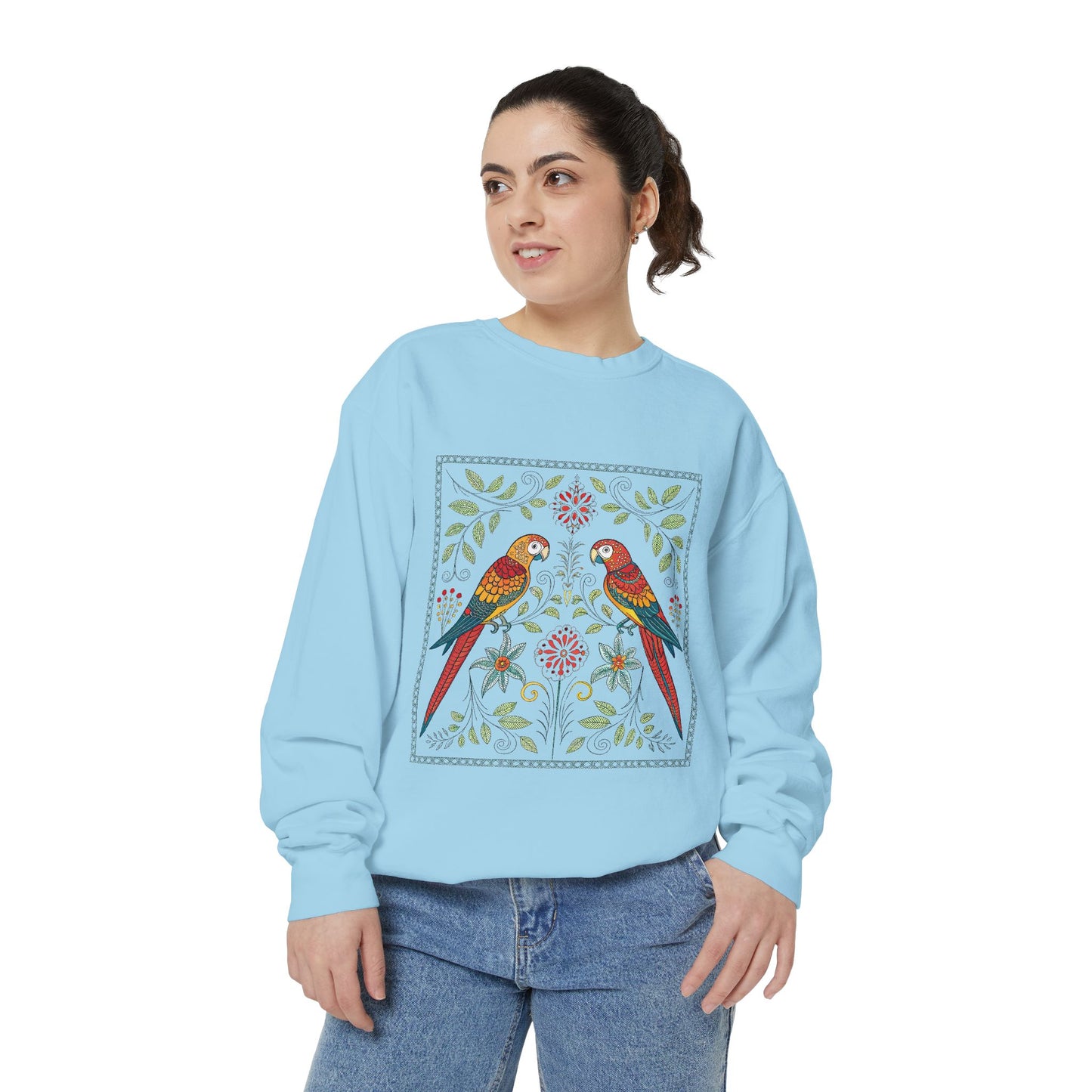 Indian Madhubani - Colorful Parrots Sweatshirt | Unisex Garment-Dyed Cozy Top