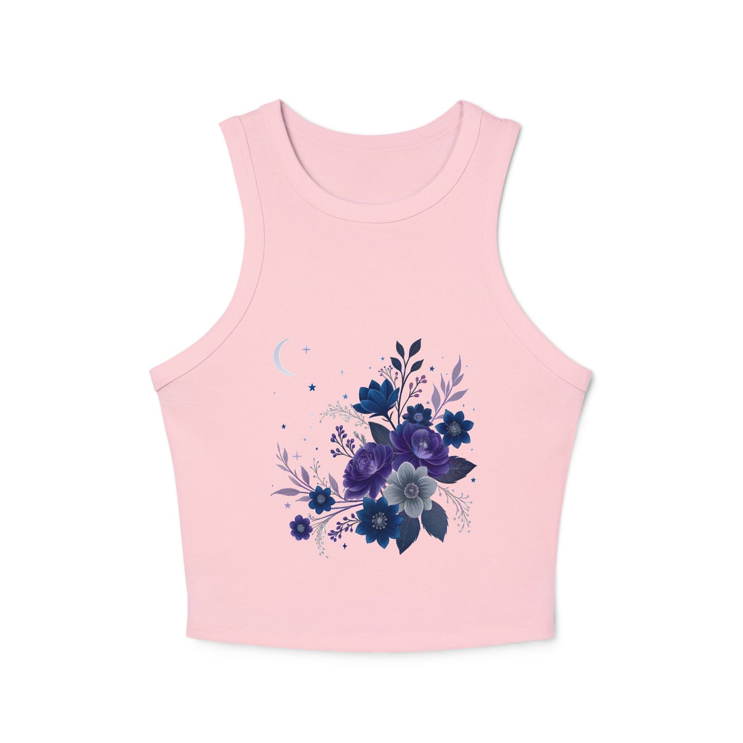 Floral Tank Top – Women’s Micro Ribbed Racer Crop Top with High Neck