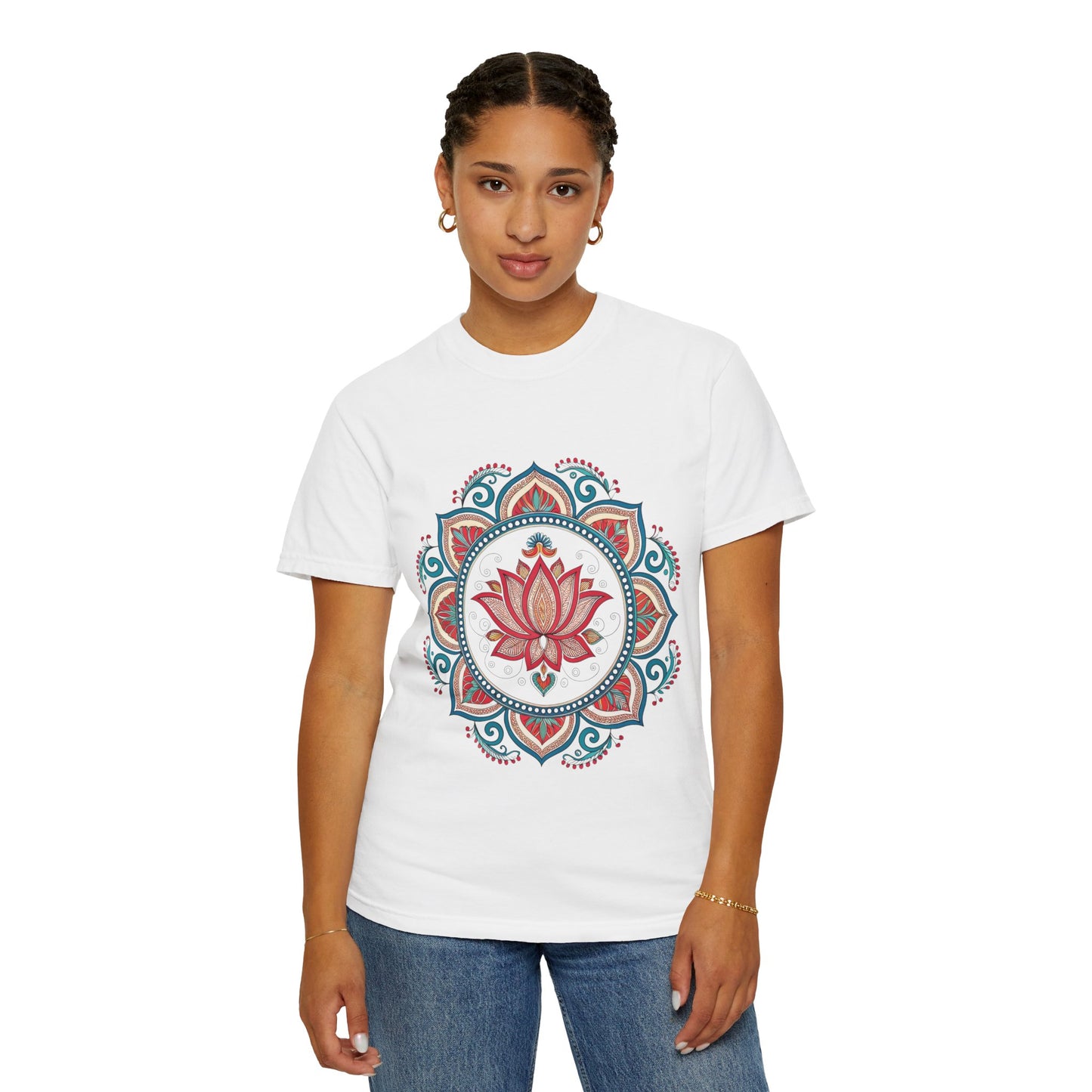 Indian Madhubani - Lotus Mandala Unisex Garment-Dyed T-Shirt - Spiritual & Boho Style