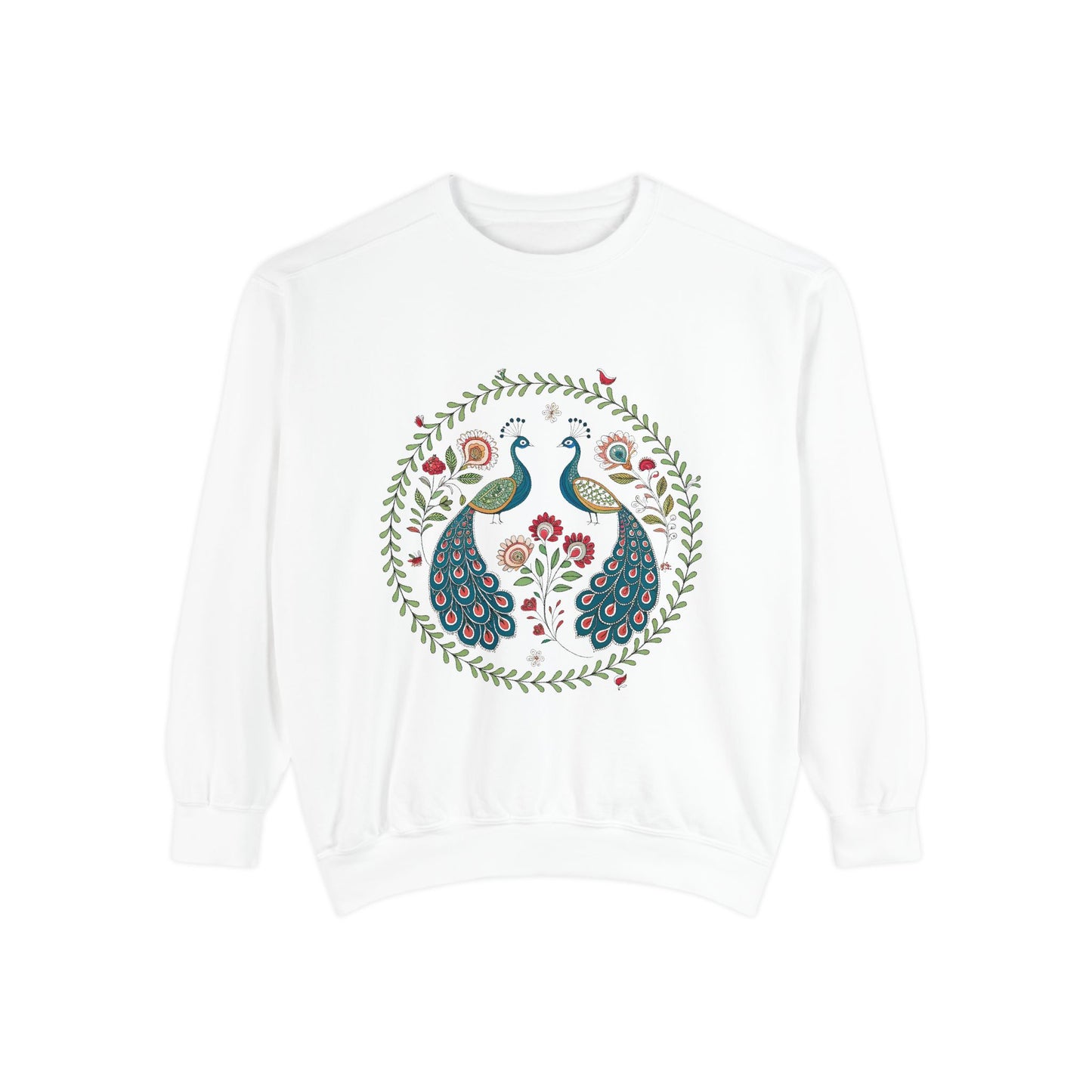 Indian Madhubani & Indian Peacock - Bohemian Peacock Sweatshirt - Unisex Garment-Dyed, Cozy & Stylish for Nature Lovers