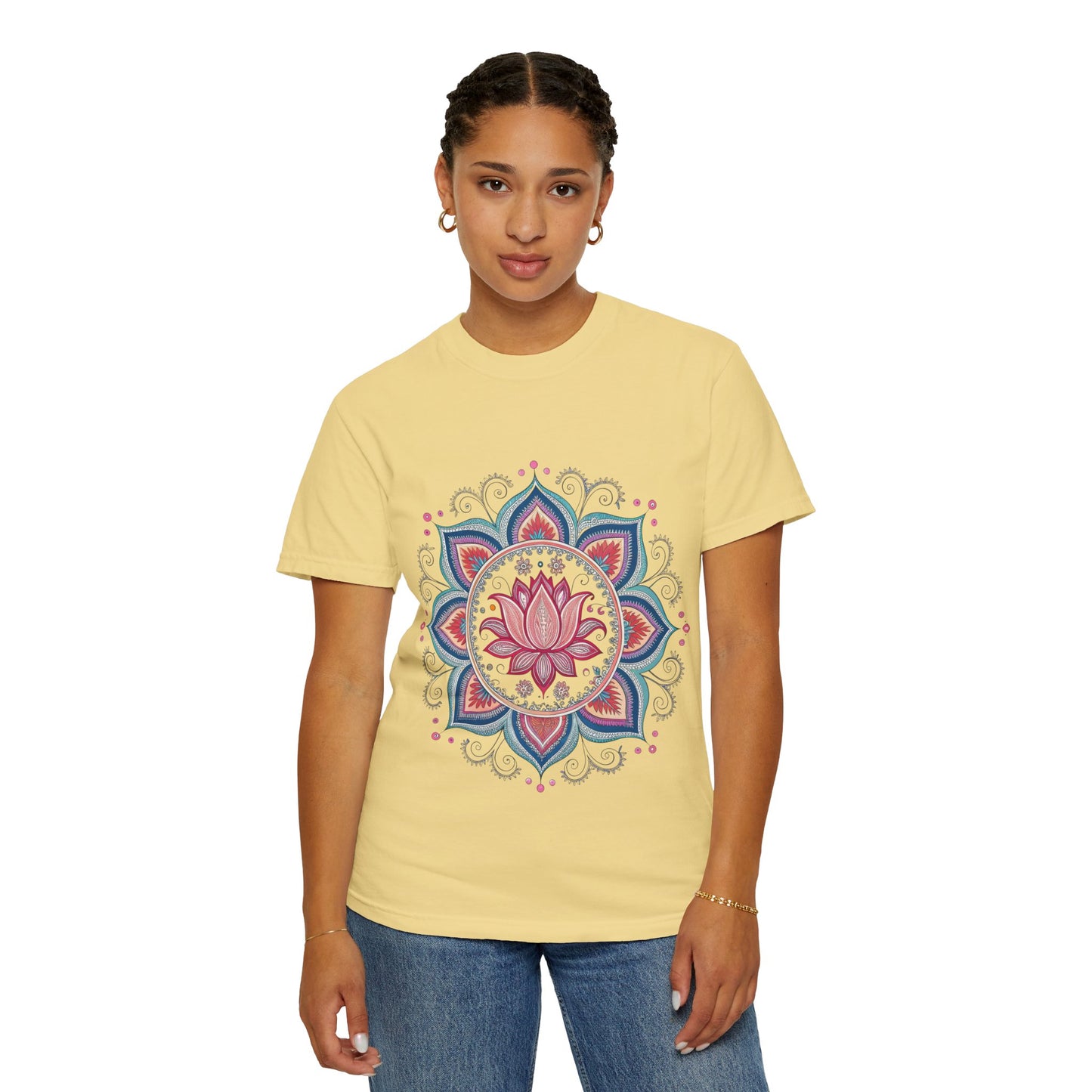 Indian Madhubani - Lotus Mandala Unisex Garment-Dyed T-Shirt - Relaxed Fit, Boho Style