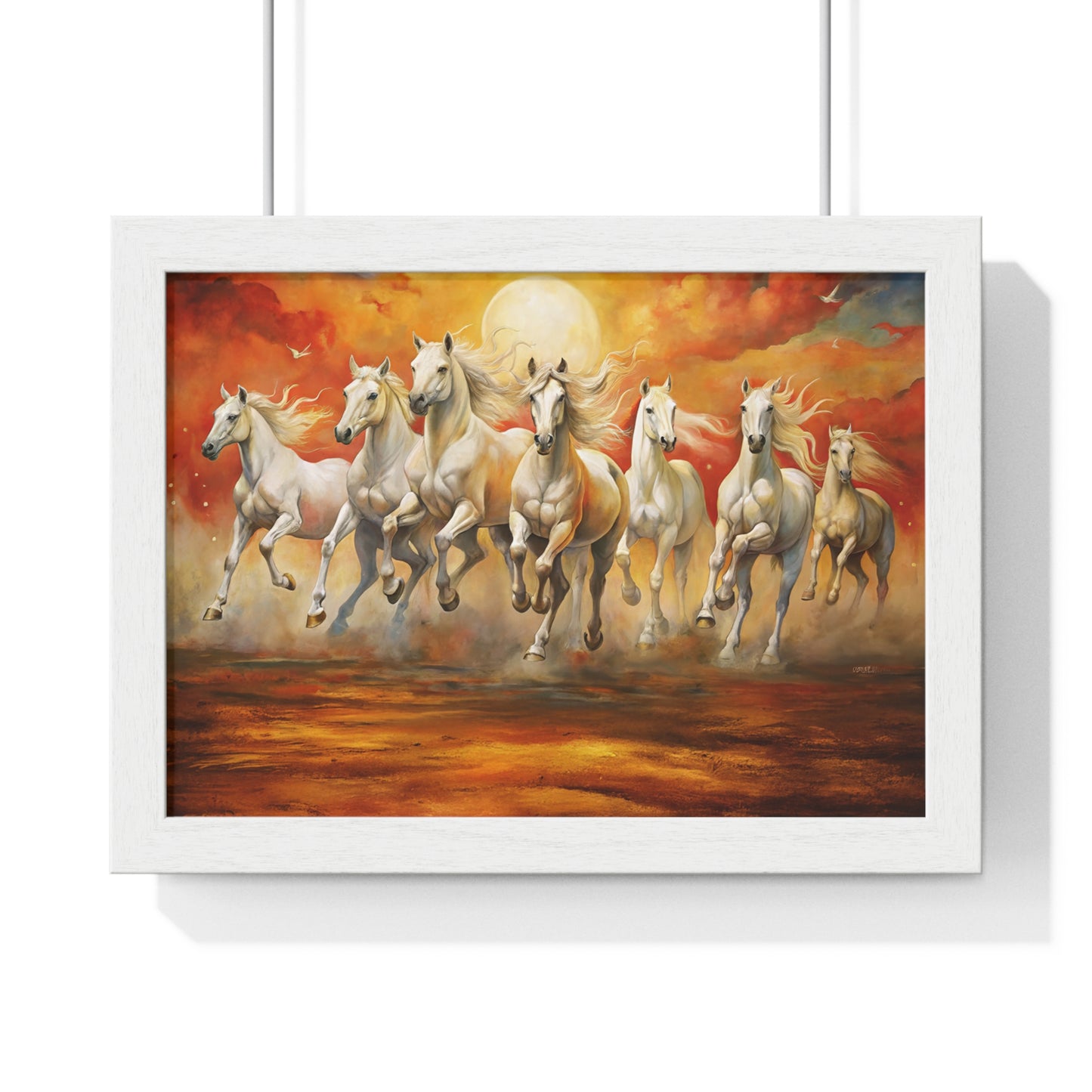 7 Running Horses Painting Vastu – Majestic Horses Horizontal Framed Poster for Prosperity & Success