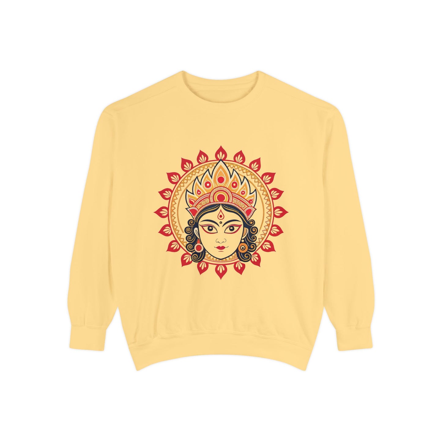 Indian Madhubani - Goddess Lakshmi Unisex Garment-Dyed Sweatshirt - Spiritual Cozy Wear