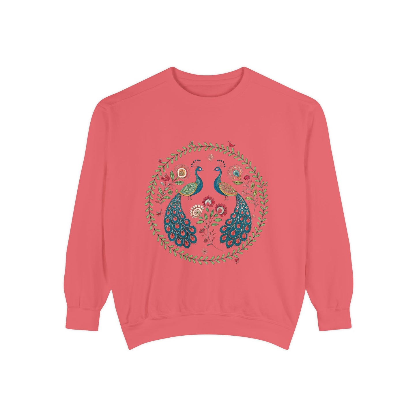 Indian Madhubani & Indian Peacock - Bohemian Peacock Sweatshirt - Unisex Garment-Dyed, Cozy & Stylish for Nature Lovers