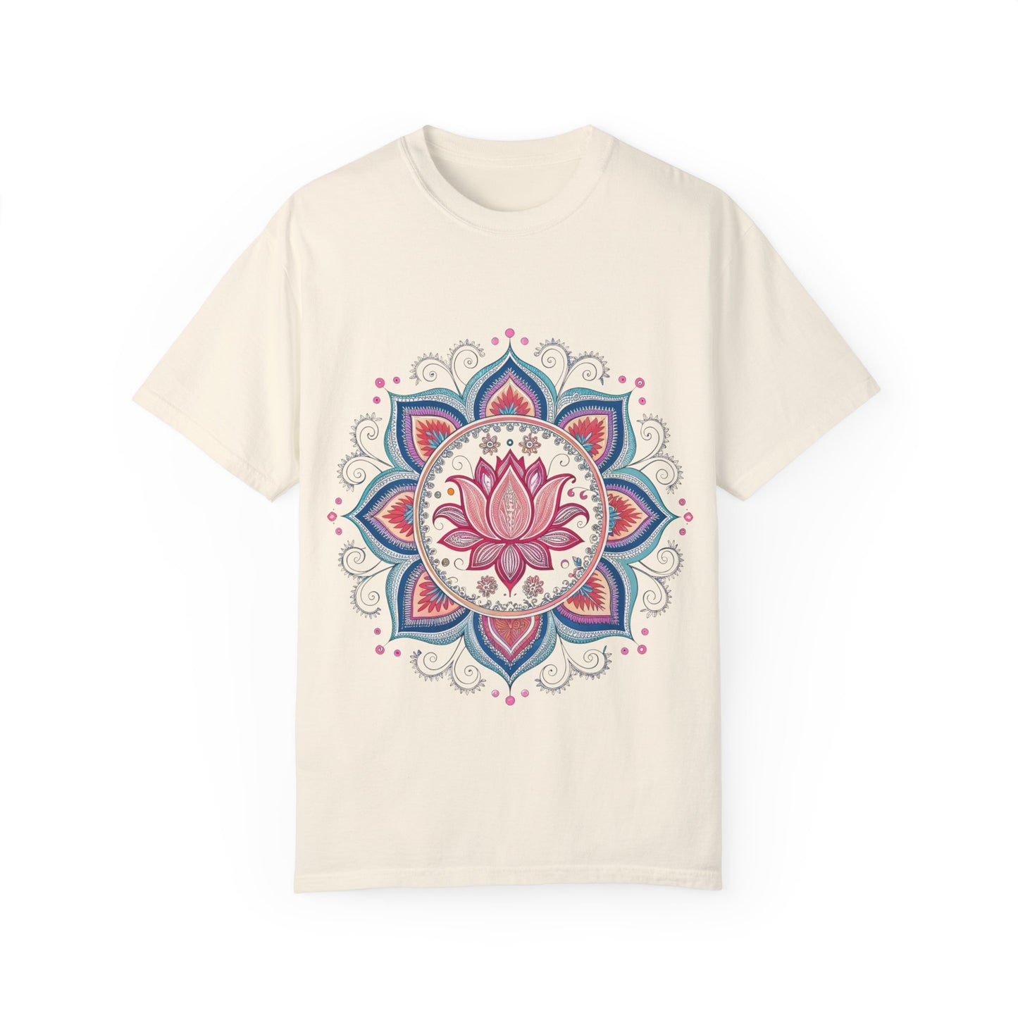 Indian Madhubani - Lotus Mandala Unisex Garment-Dyed T-Shirt - Relaxed Fit, Boho Style