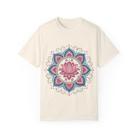 Indian Madhubani - Lotus Mandala Unisex Garment-Dyed T-Shirt - Relaxed Fit, Boho Style