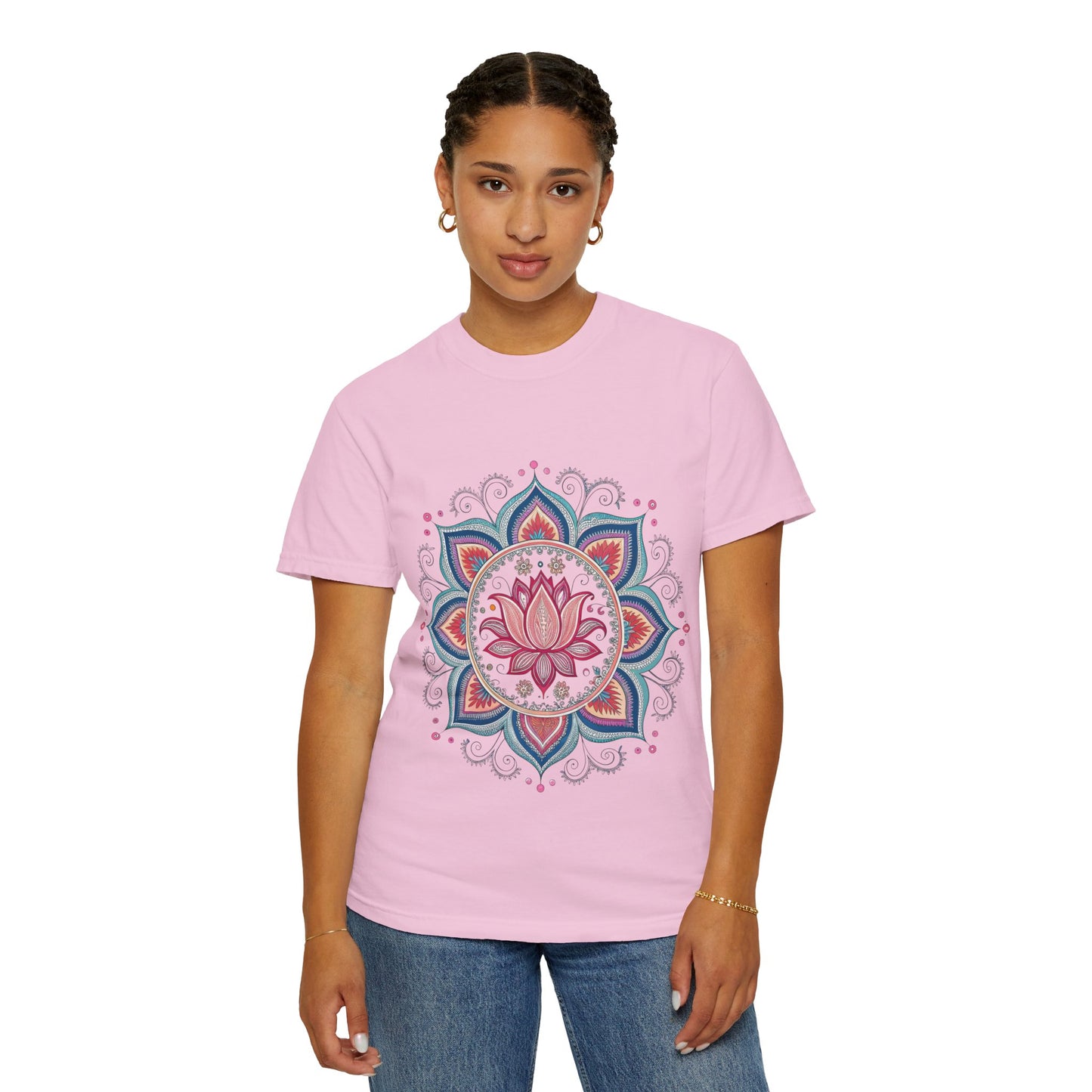 Indian Madhubani - Lotus Mandala Unisex Garment-Dyed T-Shirt - Relaxed Fit, Boho Style