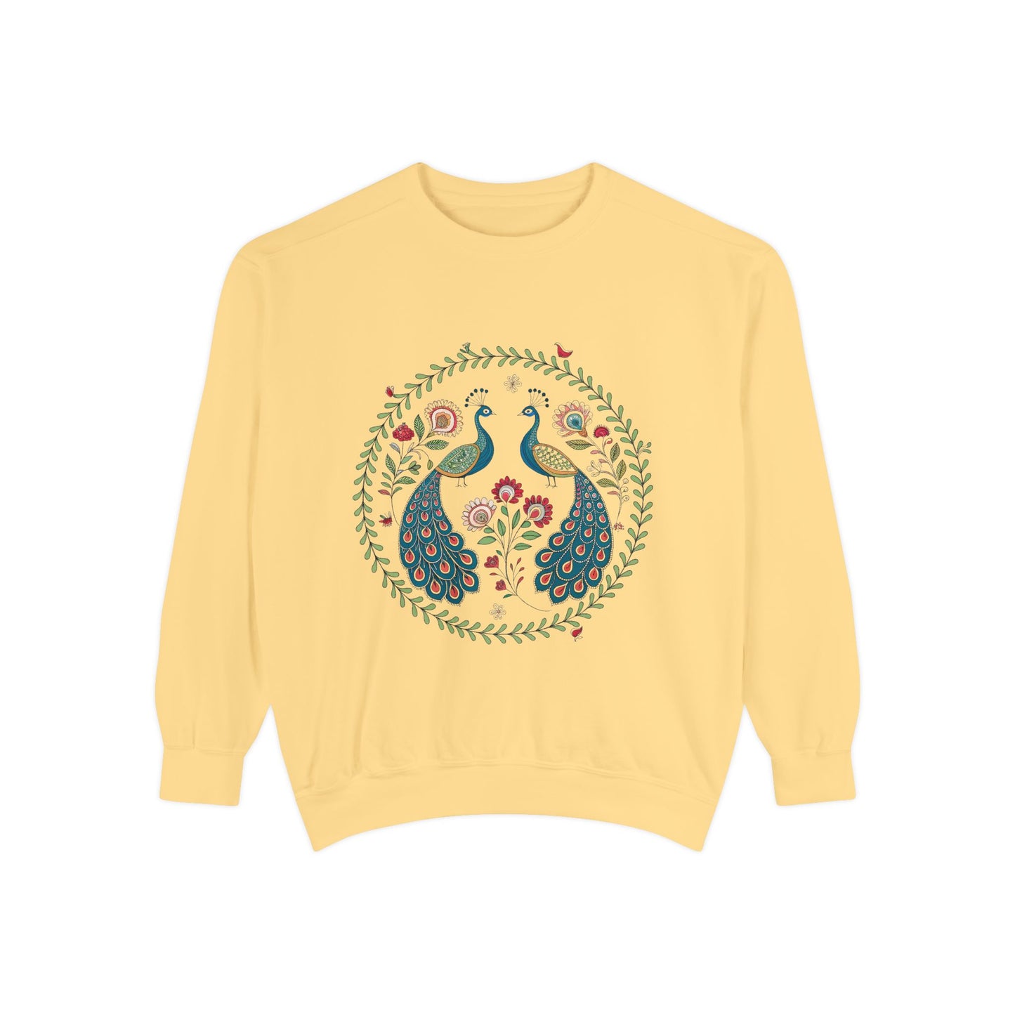 Indian Madhubani & Indian Peacock - Bohemian Peacock Sweatshirt - Unisex Garment-Dyed, Cozy & Stylish for Nature Lovers