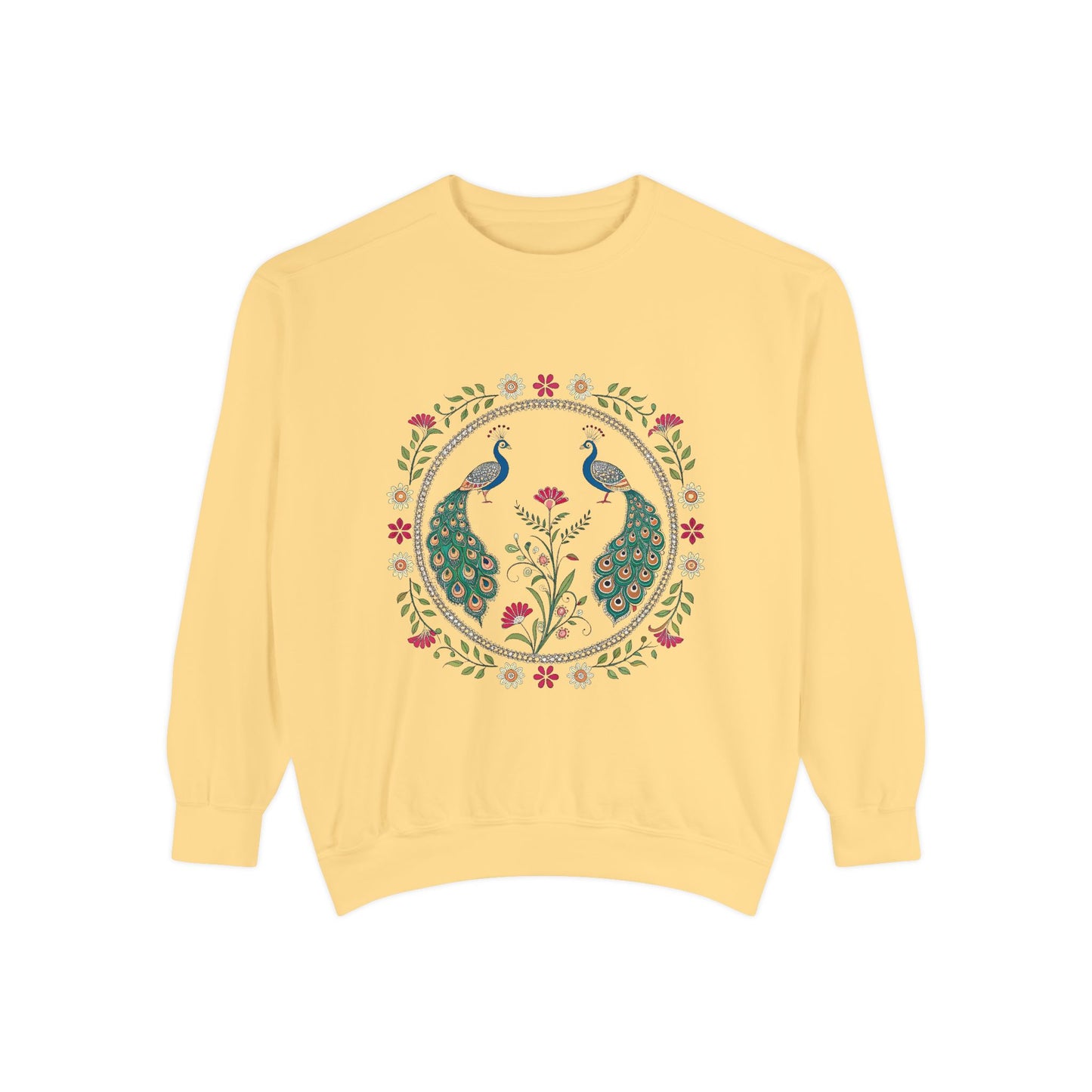 Indian Madhubani & Indian Peacock - Bohemian Peacock Sweatshirt - Unisex Garment-Dyed Design