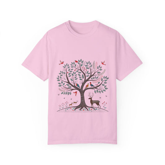 Indian Madhubani - Nature's Embrace Unisex T-Shirt - Garment-Dyed Eco-Friendly Tee with Tree and Wildlife Design