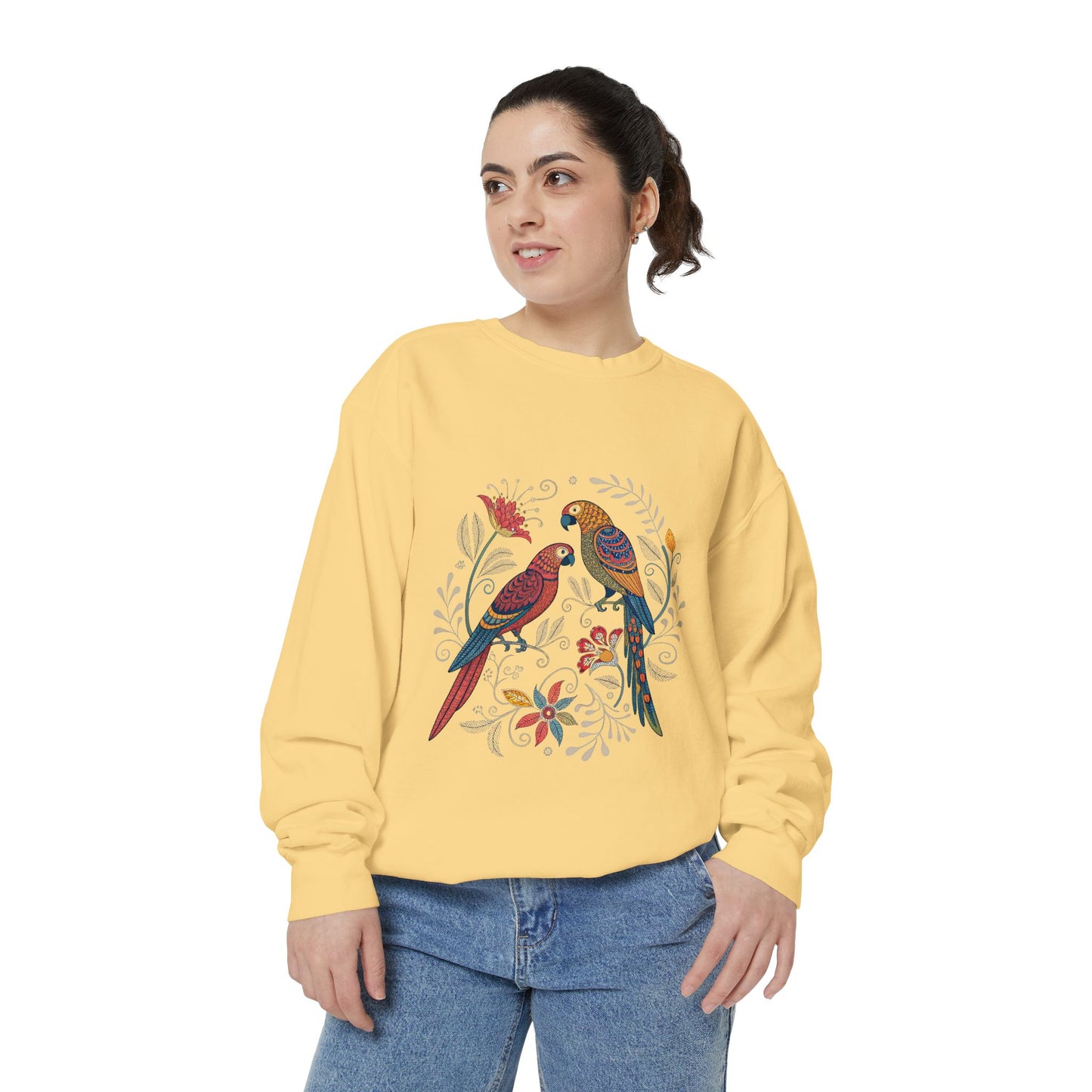 Indian Madhubani - Vibrant Parrot Sweatshirt - Colorful Unisex Garment-Dyed Pullover