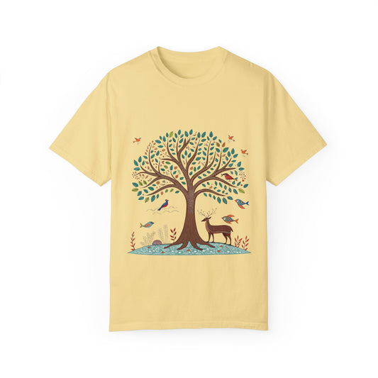 Indian Madhubani - Nature-Inspired Tree and Deer T-Shirt | Eco-Friendly Unisex Tee for Outdoor Lovers