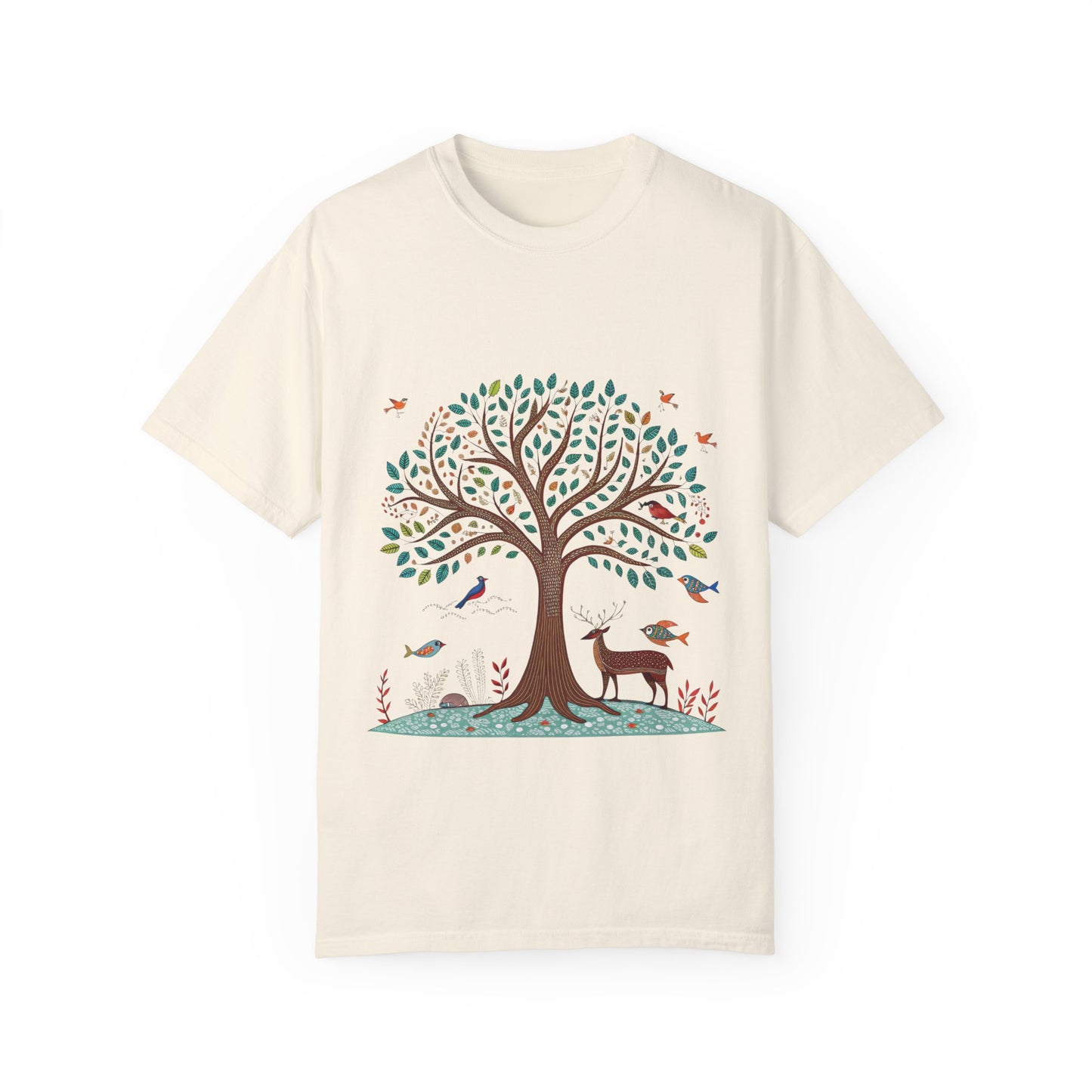 Indian Madhubani - Nature-Inspired Tree and Deer T-Shirt | Eco-Friendly Unisex Tee for Outdoor Lovers