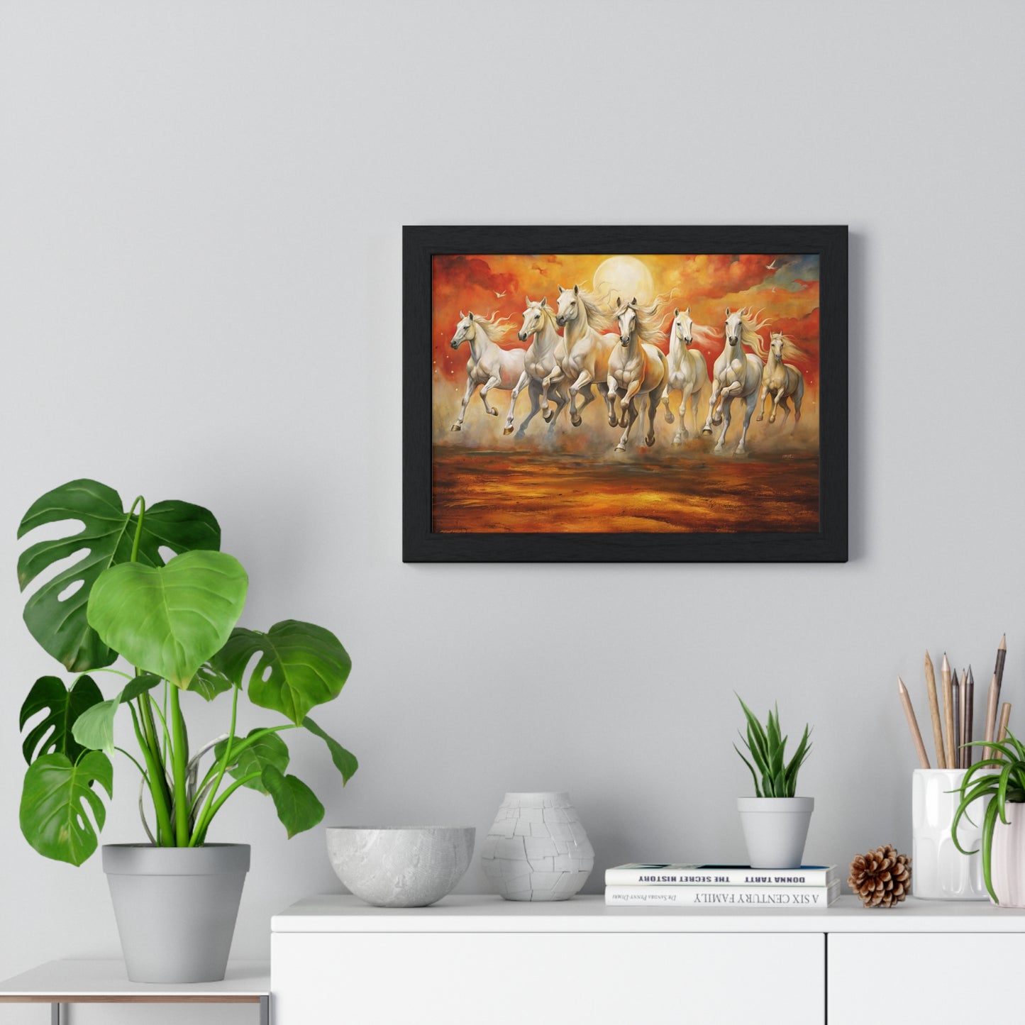 7 Running Horses Painting Vastu – Majestic Horses Horizontal Framed Poster for Prosperity & Success