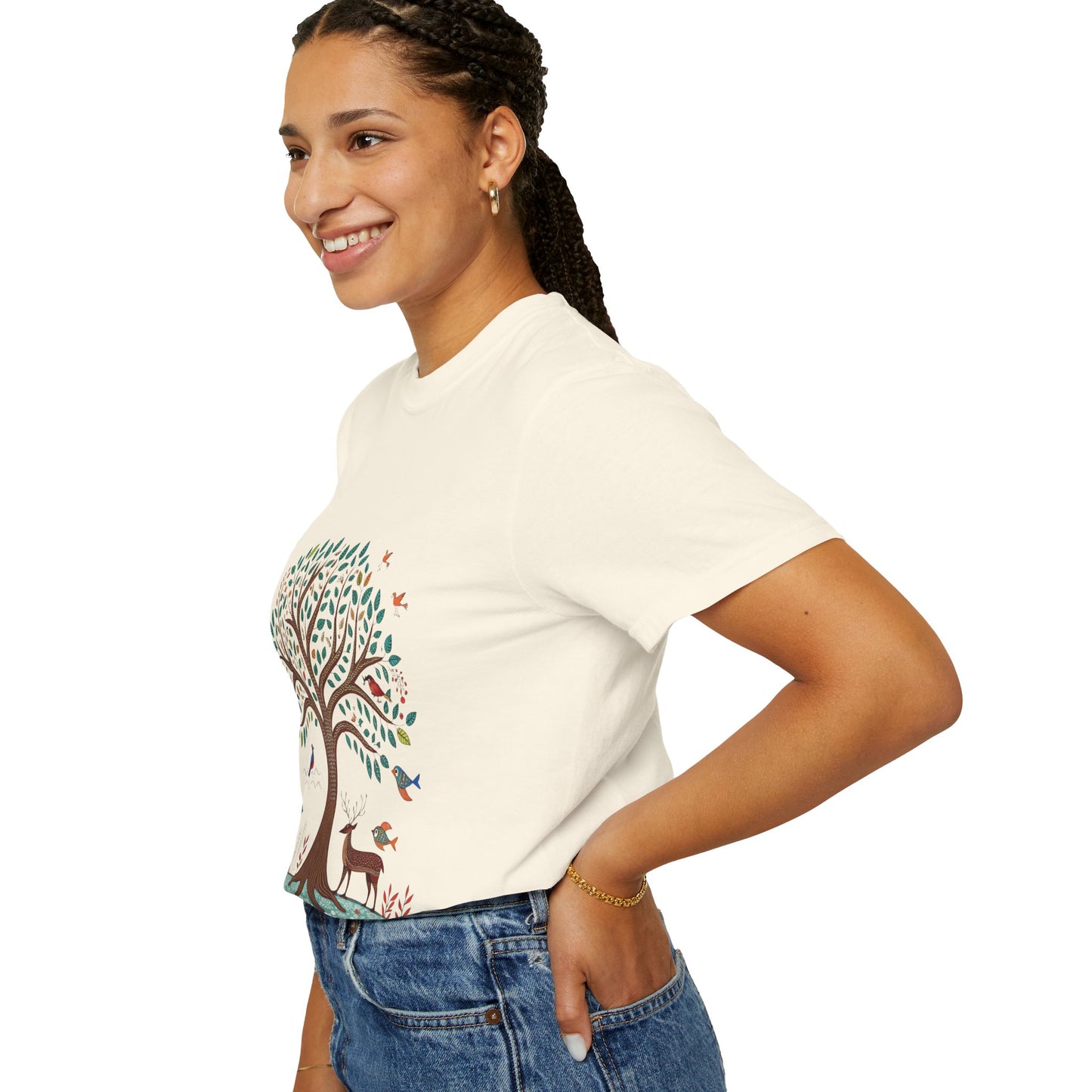 Indian Madhubani - Nature-Inspired Tree and Deer T-Shirt | Eco-Friendly Unisex Tee for Outdoor Lovers