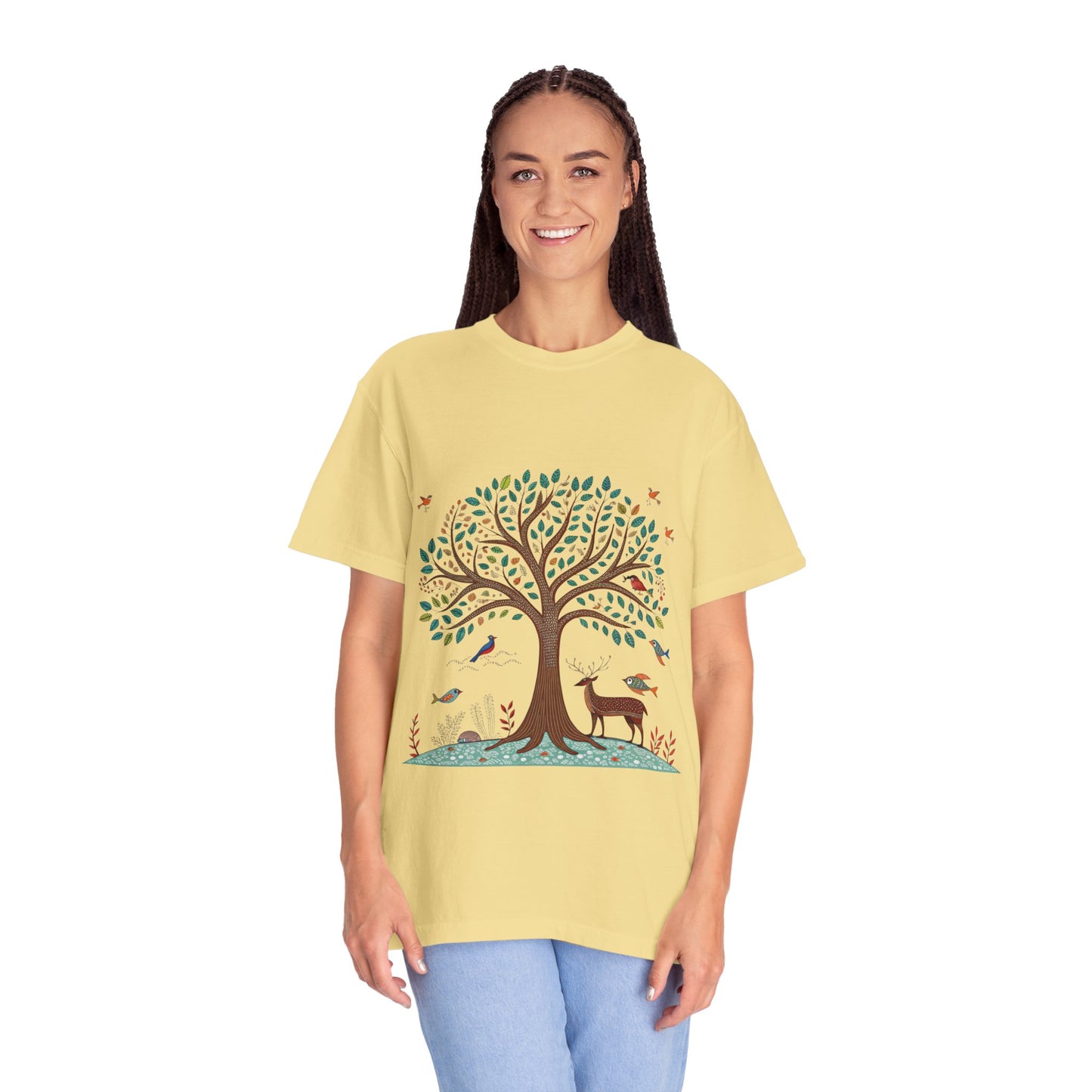 Indian Madhubani - Nature-Inspired Tree and Deer T-Shirt | Eco-Friendly Unisex Tee for Outdoor Lovers