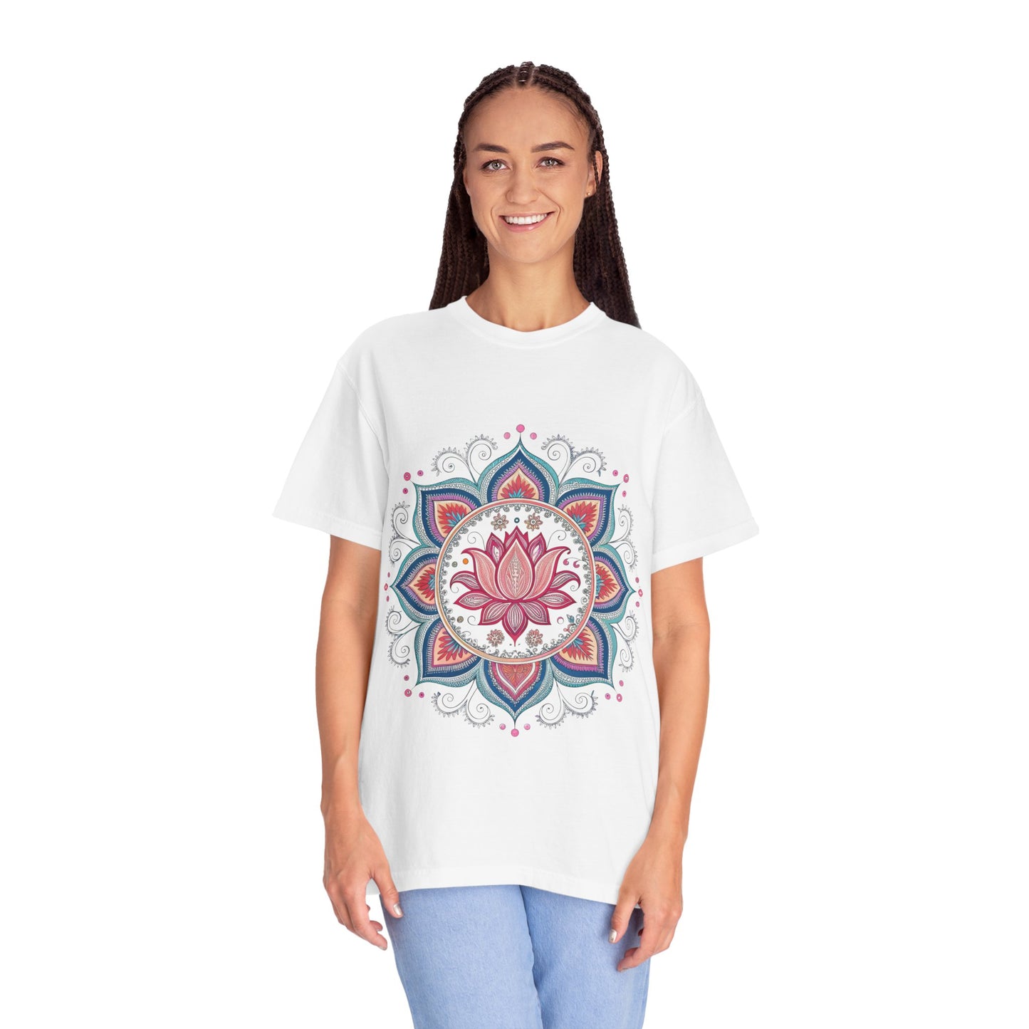 Indian Madhubani - Lotus Mandala Unisex Garment-Dyed T-Shirt - Relaxed Fit, Boho Style