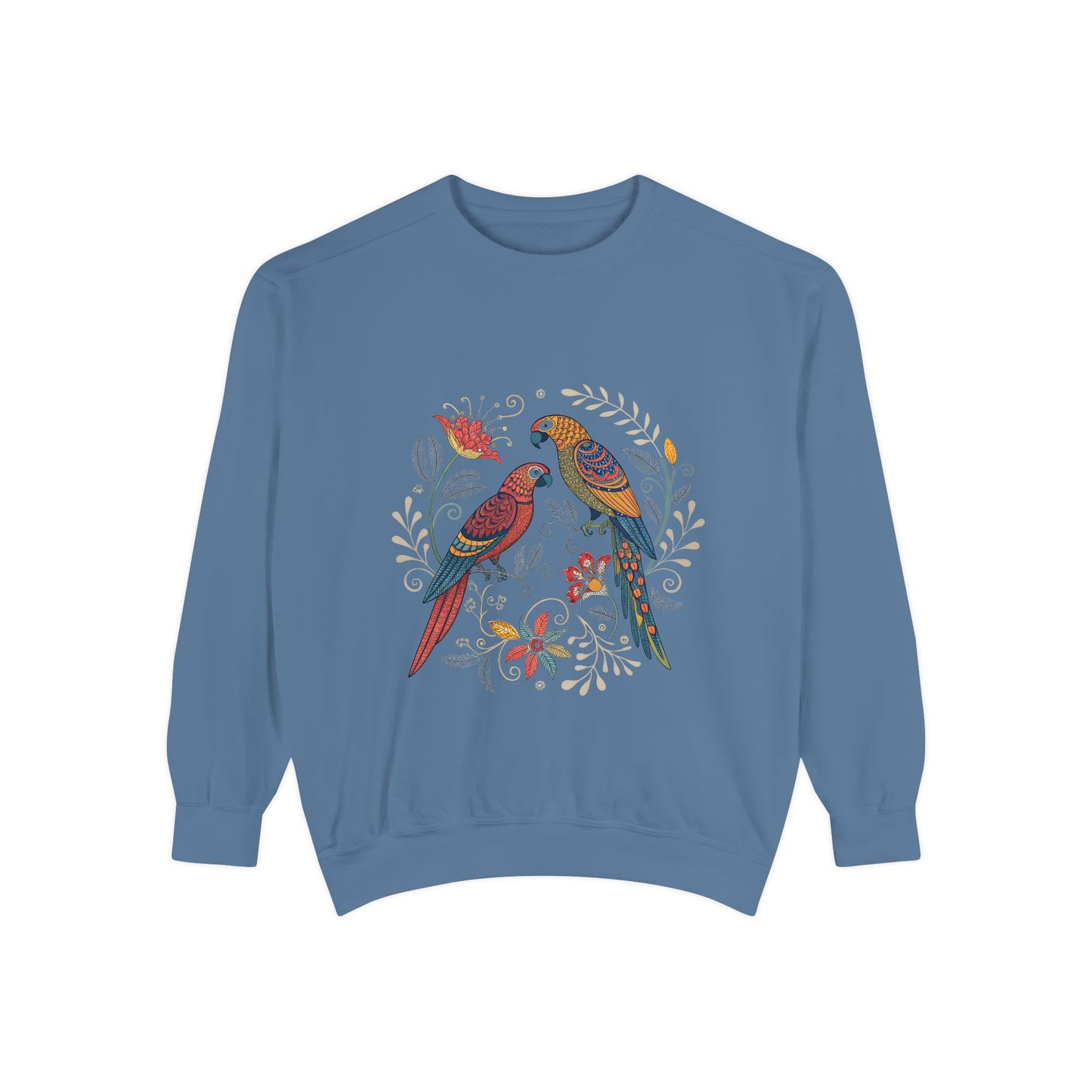 Indian Madhubani - Vibrant Parrot Sweatshirt - Colorful Unisex Garment-Dyed Pullover