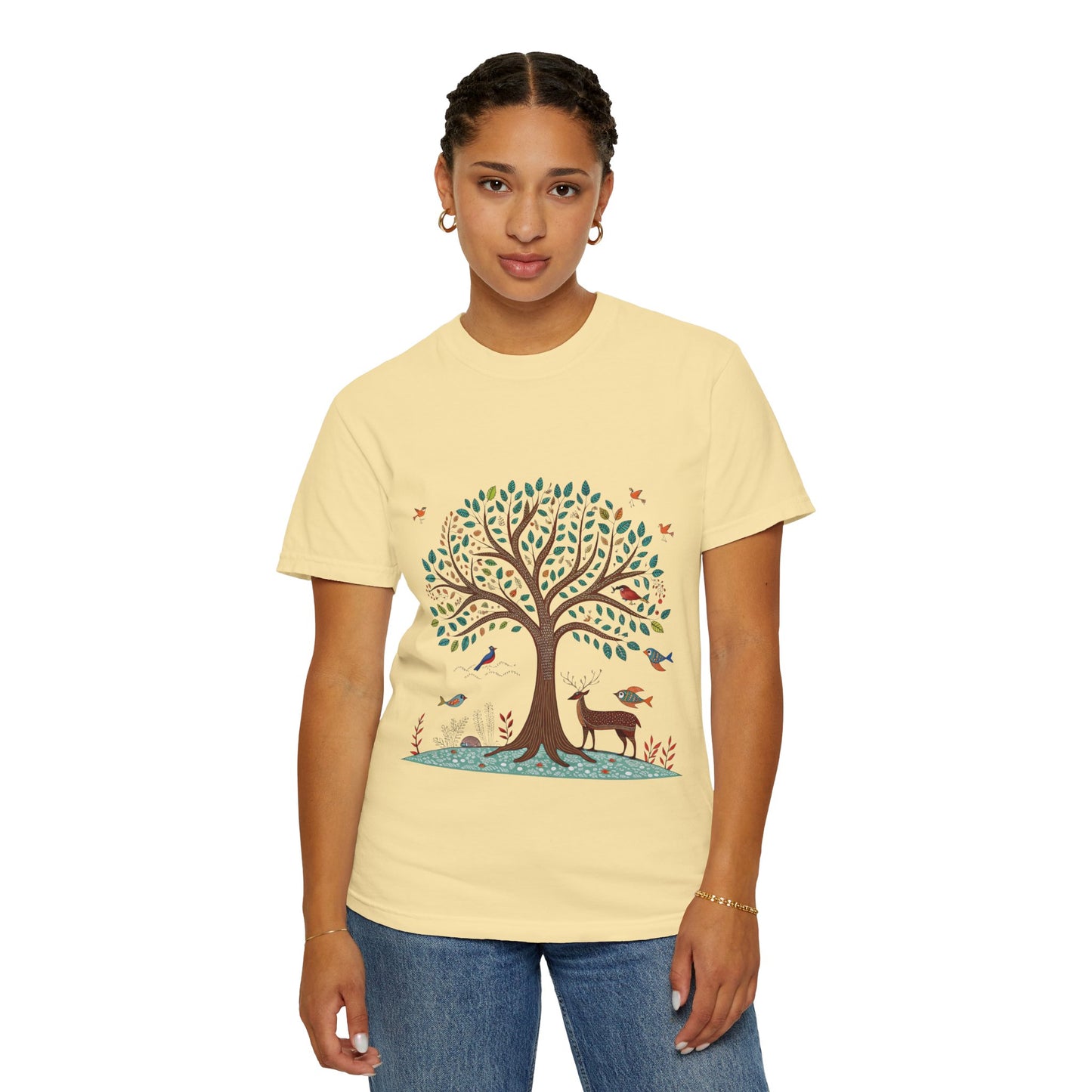 Indian Madhubani - Nature-Inspired Tree and Deer T-Shirt | Eco-Friendly Unisex Tee for Outdoor Lovers