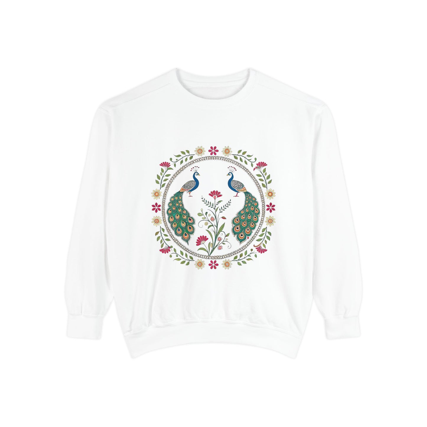 Indian Madhubani & Indian Peacock - Bohemian Peacock Sweatshirt - Unisex Garment-Dyed Design