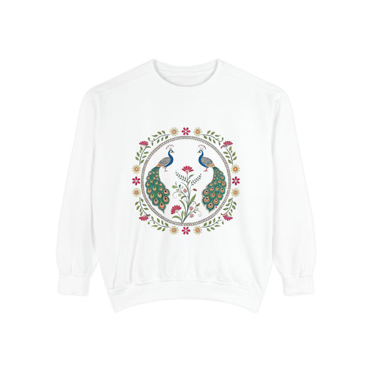 Indian Madhubani & Indian Peacock - Bohemian Peacock Sweatshirt - Unisex Garment-Dyed Design