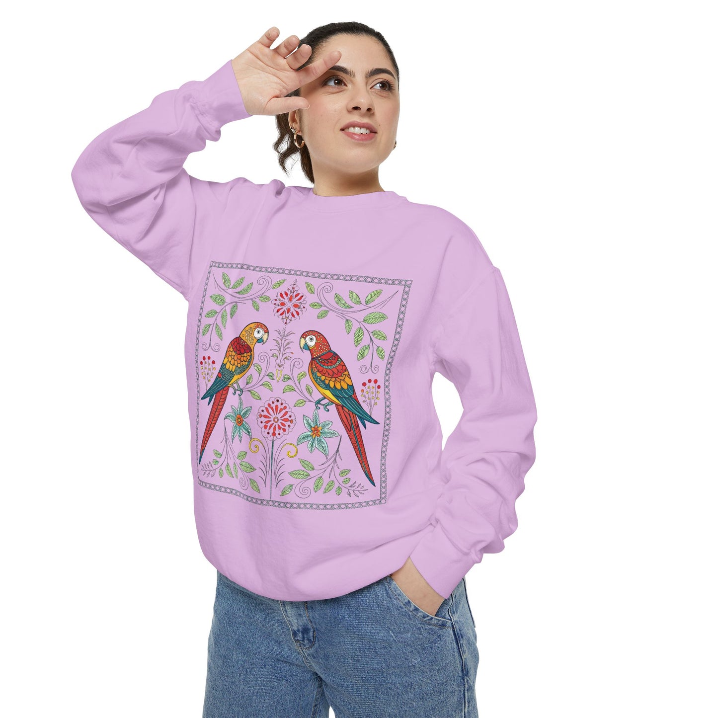 Indian Madhubani - Colorful Parrots Sweatshirt | Unisex Garment-Dyed Cozy Top